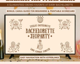 Plantilla editable de Canva para Jeoparty de Last Rodeo Texas Bachelorette, juegos de beber para despedidas de soltera, juegos de trivia para despedidas de soltera, el mismo vaquero para siempre