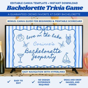 May include: A digital bachelorette trivia game displayed on a TV screen. The game features a blue and white striped border with illustrations of a sailboat, cocktail glass, and swimsuit. Text includes "Bachelorette Trivia Game" and "Love on the Lake".