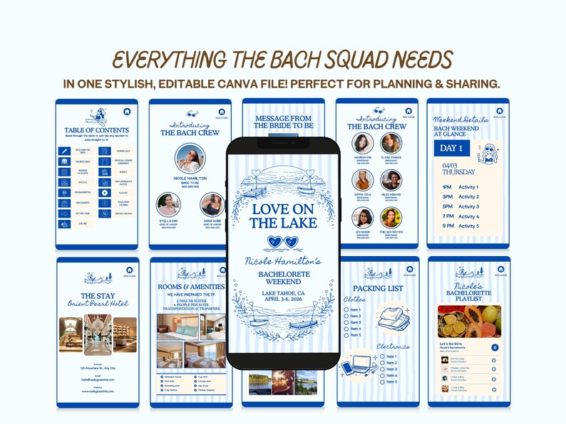May include: A digital bachelorette party planning template with a blue and white theme. The design includes a phone displaying a "Love on the Lake" graphic, plus pages for the itinerary, packing list, and more. Text includes "Everything the Bach Squad Needs".