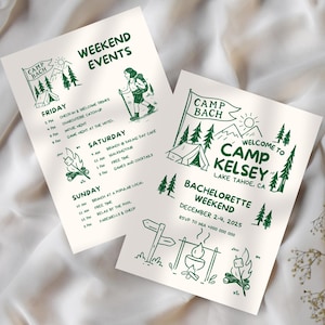 Camp Bachelorette Einladung & Reiseplan, Handgezeichnete Camp Bach Wochenend-Einladung, bearbeitbare Canva-Vorlage, Outdoorsy Camp Bachelorette Reiseplan