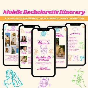 Plantilla de itinerario móvil para despedida de soltera, colorida, dibujada a mano, plantilla de invitación digital para despedida de soltera, Canva, editable, planificación de despedida de soltera