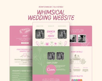 Romantic Wedding Website Pink Green Whimsical Wedding Website Canva Retro Wedding Website Floral RSVP Hand Drawn Quirky Save The Date Invite