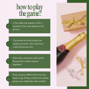 Puede incluir: Una gu&iacute;a de juego de bodas con instrucciones sobre c&oacute;mo jugar. El texto est&aacute; sobre un fondo rosa con una caja de regalo, una botella de champ&aacute;n y una copa de champ&aacute;n. El juego consiste en que la novia adivine las respuestas a las preguntas hechas al novio.