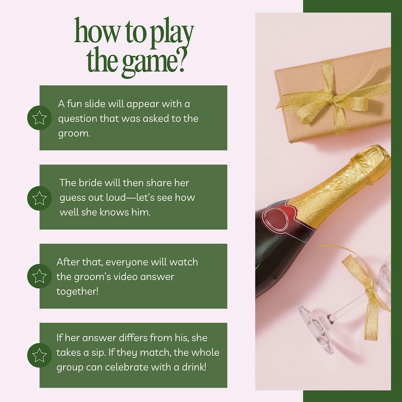 Puede incluir: Una gu&iacute;a de juego de bodas con instrucciones sobre c&oacute;mo jugar. El texto est&aacute; sobre un fondo rosa con una caja de regalo, una botella de champ&aacute;n y una copa de champ&aacute;n. El juego consiste en que la novia adivine las respuestas a las preguntas hechas al novio.