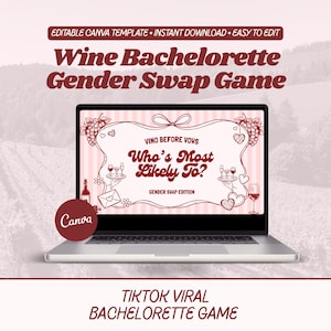 Op de afbeelding: Een laptopscherm toont een Wine Bachelorette Gender Swap spel sjabloon met roze strepen, kastanjebruine tekst en illustraties van wijnglazen, druiven en harten. De tekst luidt Vino Before Vows, Who's Most Likely To? en Gender Swap Edition.