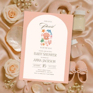 Our Little Pearl Baby Shower Invitation Under The Sea Baby Shower Canva Editable Template Invitation Pearl Baby Shower Save The Date Card