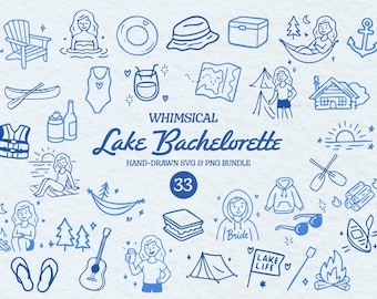 Lake Bachelorette Clipart Bundle, Rustic Lake Life SVG Illustration, Whimsical Handdrawn Bachelorette PNG Bundle for Bachelorette Favors