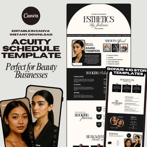 Pode incluir: Um modelo de marketing digital preto e branco para um neg&oacute;cio de beleza. O modelo inclui uma pol&iacute;tica de reserva, os servi&ccedil;os oferecidos e uma se&ccedil;&atilde;o para conhecer sua esteticista. O modelo tamb&eacute;m inclui 4 modelos de hist&oacute;rias do Instagram b&ocirc;nus.