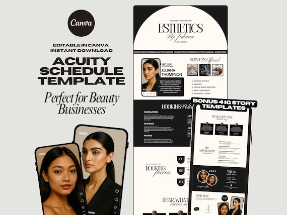 Acuity Scheduling Template Esthetician Canva Booking Site DIY Acuity Banners Modern Black and White Esthetician Appointment Page IG Story
