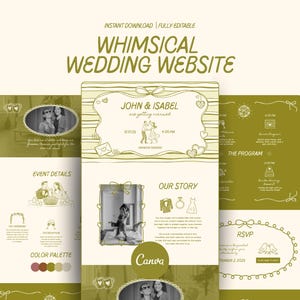 Puede incluir: Una plantilla de sitio web de boda caprichosa con un esquema de color verde claro y crema. El diseño incluye secciones para los detalles del evento, la historia de la pareja y la información de RSVP. El texto "WHIMSICAL WEDDING WEBSITE" se muestra en la parte superior.
