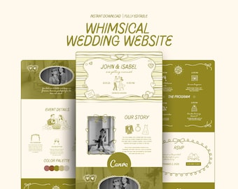 Peut inclure: Un modèle de site web de mariage fantaisiste, vert clair et crème. Le design comprend des sections pour les détails de l'événement, l'histoire du couple et les informations RSVP. Le texte "WHIMSICAL WEDDING WEBSITE" est affiché en haut.