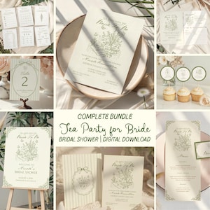 May include: A complete digital bundle for a bridal shower tea party featuring cream-coloured stationery with sage green botanical illustrations. Includes invitations, menu cards, table numbers, cupcake toppers, and game cards with text.