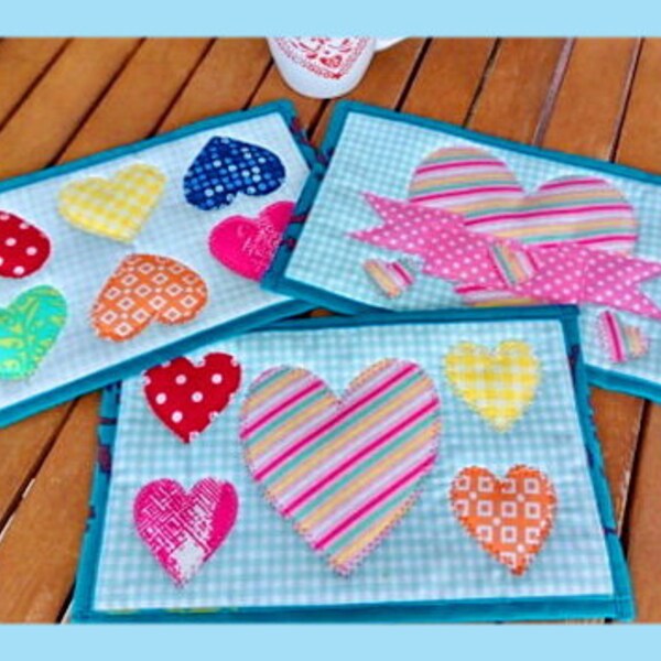 Rainbow hearts, multi-pattern, design your own,  mug rug PDF for applique, sewing and quilting