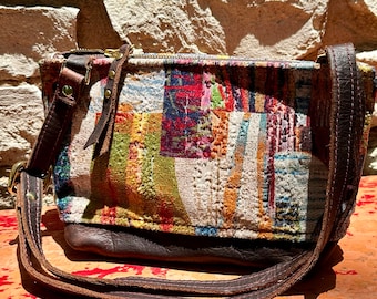 Brown Leather Handbag with Turkish Rug Pattern Velvet, Handmade Gift for Her, Turkish Fabric, One of a Kind Shoulder Bag for Women