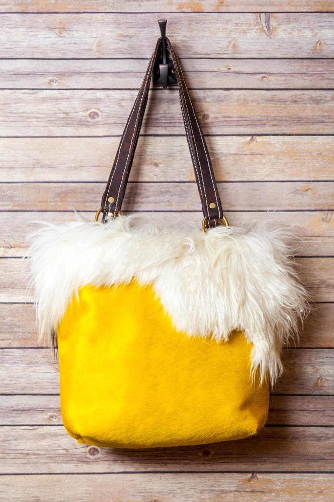 Yellow Cowhide Leather Tote Bag With White Goat Fur, Handbag for Women