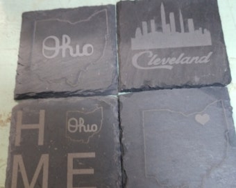 Slate coasters set of 4.   Based on Cleveland and Ohio theme.  They are laser engraved Natural slate for glasses.  for a bar or mancave