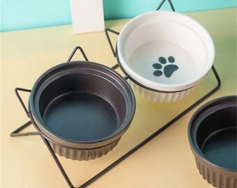 Modern pet bowls with dog . Dog bowls jute placemat. Stoneware Food or water bowl.