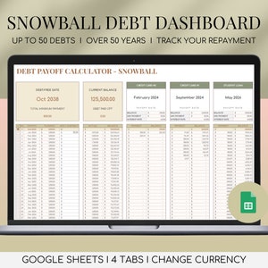 Rastreador de pago de deuda Hojas de cálculo de Google Método de bola de nieve Hoja de cálculo de pago de deuda Planificador financiero Tarjeta de crédito Pago de hipoteca Finanzas personales