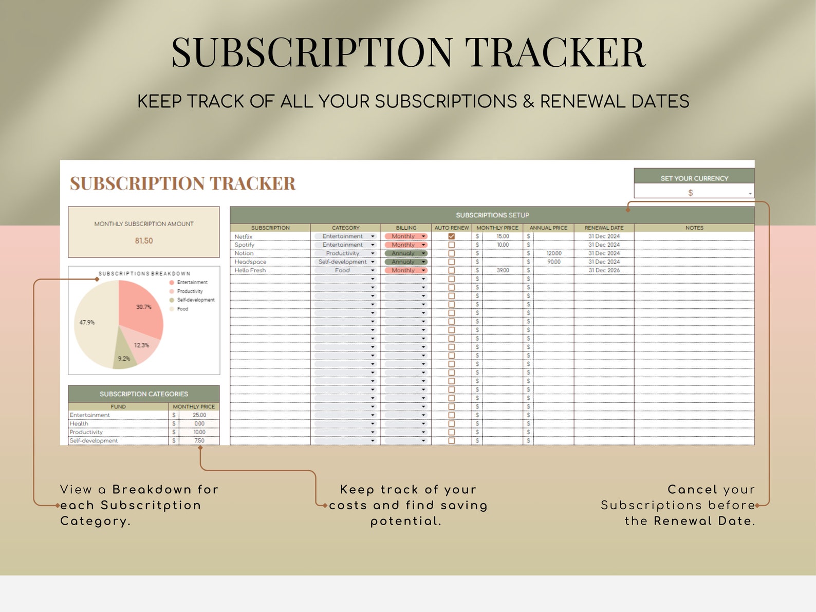 Subscrition Tracker Google Sheets Budgeting Spreadsheet Monthly Annual ...