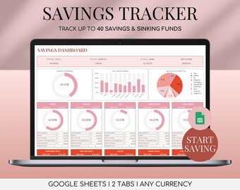 Könnte beinhalten: Ein Laptop-Bildschirm zeigt eine Google Sheets-Tabelle mit einem Dashboard zur Verfolgung von Ersparnissen. Das Dashboard hat ein rosa-weißes Farbschema und enthält Diagramme, Grafiken und Daten zu Sparzielen, Fortschritten und angesparten Beträgen. Der Text auf dem Bildschirm lautet "Savings Tracker", "Track up to 40 Savings & Sinking Funds", "Savings Dashboard", "Total Goal", "Total Monthly", "Total Saved", "Left to Save", "Overall Progress", "Balance Distribution", "Start Saving", "Google Sheets | 2 Tabs | Any Currency".