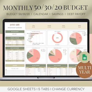 50/30/20 Monthly Budget Google Sheets Budgeting Spreadsheet Financial Planner Personal Finance Debt Savings Tracker Planning 70/20/10