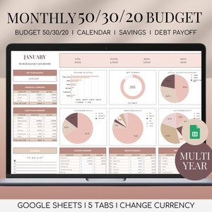 50/30/20 Monthly Budget Google Sheets Budgeting Spreadsheet Financial Planner Personal Finance Debt Savings Tracker Planning 70/20/10