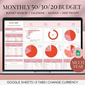 50/30/20 Monthly Budget Google Sheets Budgeting Spreadsheet Financial Planner Personal Finance Debt Savings Tracker Planning 70/20/10