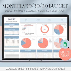 50/30/20 Monthly Budget Google Sheets Budgeting Spreadsheet Financial Planner Personal Finance Debt Savings Tracker Planning 70/20/10