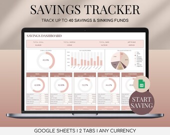 Könnte beinhalten: Ein Laptop-Bildschirm zeigt eine Spar-Tracker-Tabelle mit einem rosa und braunen Farbschema. Die Tabelle enthält ein Dashboard mit Diagrammen und Grafiken, um Sparziele, Fortschritte und die allgemeine finanzielle Gesundheit zu verfolgen. Der Text auf dem Bildschirm lautet "Savings Tracker", "Track Up To 40 Savings & Sinking Funds" und "Savings Dashboard".