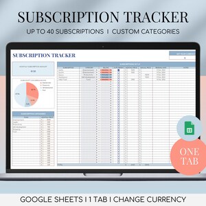 Puede incluir: Una pantalla de computadora portátil que muestra una hoja de cálculo de Google Sheets titulada "Subscription Tracker". La hoja de cálculo está diseñada para rastrear hasta 40 suscripciones con categorías personalizadas. La hoja de cálculo incluye un gráfico circular, una tabla y una sección para establecer su moneda. La hoja de cálculo está etiquetada "Google Sheets | 1 Tab | Change Currency".