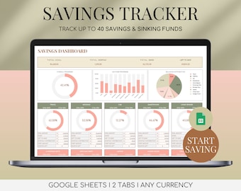 Könnte beinhalten: Ein Laptop-Bildschirm zeigt eine Google Sheets-Tabelle mit einem Dashboard zur Verfolgung von Ersparnissen. Das Dashboard enthält ein Kreisdiagramm, Balkendiagramme und individuelle Sparziele für Kategorien wie Reisen, Hochzeit, Auto, Smartphone und Hausreparaturen. Die Tabelle ist mit "Savings Tracker" betitelt und enthält den Text "Track up to 40 savings & sinking funds". Das Dashboard ist in einem minimalistischen Stil mit einem rosa und grünen Farbschema gestaltet. Der Text "START SAVING" wird in einem braunen Kreis auf dem Laptop-Bildschirm angezeigt. Der Text "GOOGLE SHEETS | 2 TABS | ANY CURRENCY" wird unter dem Laptop angezeigt.