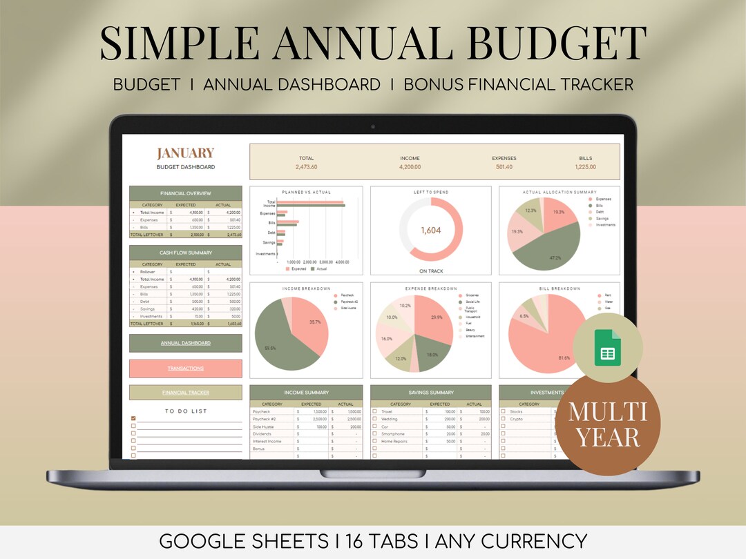 Simple Annual Google Sheets Budgeting Spreadsheet Yearly Budget ...