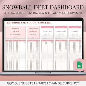 Rastreador de pago de deuda Hojas de cálculo de Google Método de bola de nieve Hoja de cálculo de pago de deuda Planificador financiero Tarjeta de crédito Pago de hipoteca Finanzas personales