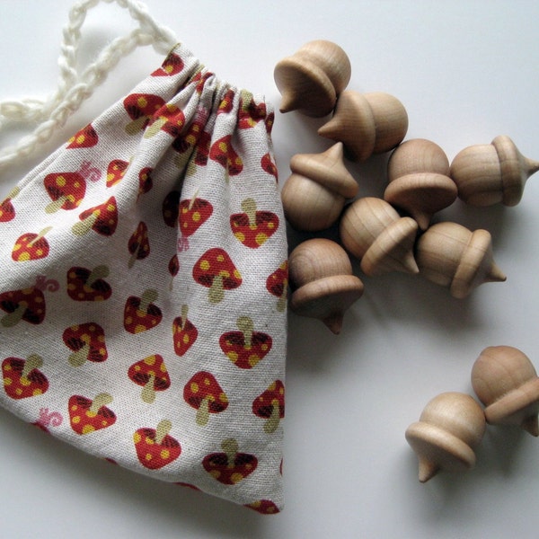 Wooden Acorn Set in Handmade Bag --- Ready to Ship