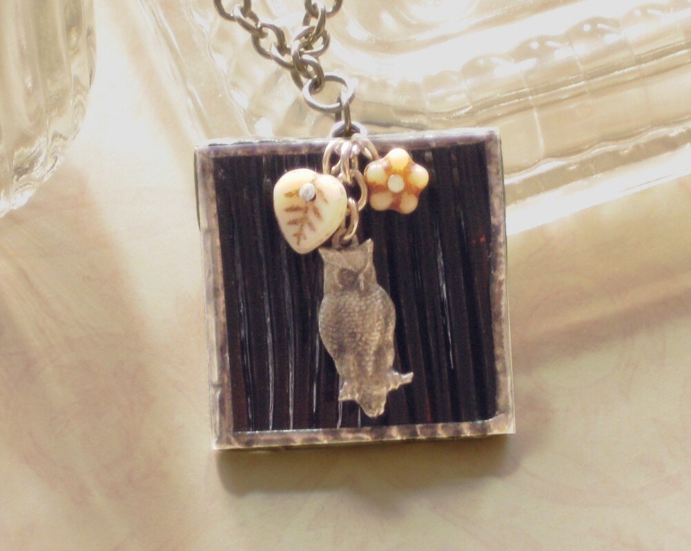 Owl Stained Glass Pendant Necklace 23.5 brown glass w Etsy