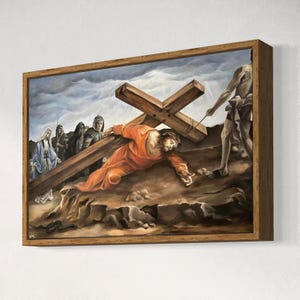 Gesù che porta la croce &quot;Gesù è Re&quot; Stampa su tela - Arte di Gesù, Arte di Cristo, Pittura cristiana moderna, Pittura a olio