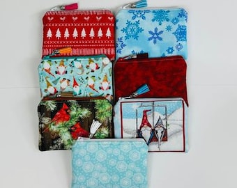 Coin Zipper Pouches Gnomes, Cardinals, Snowflakes