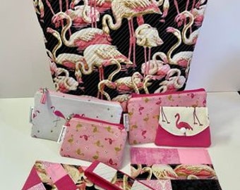 Quilted Flamingo Tote Bag Collection Fabric Bags Wallet Postcards etc