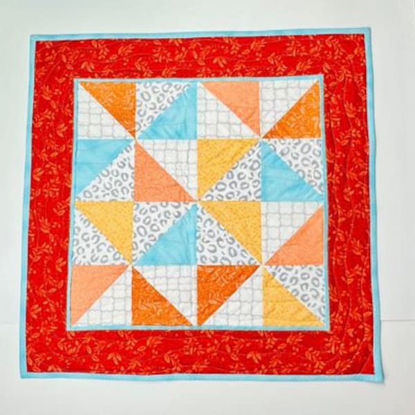 Orange and Aqua Pinwheels Mini Quilt Wall Hanging, or Table Topper