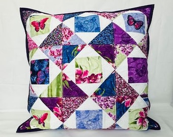 Purple Butterflies Quilted Pillow Cover with Hidden Zipper or Wall Hanging Fits 18" Pillow Insert