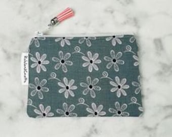 Gray and Pale Pink Flowered Zipper Pouch