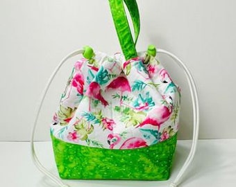 Large Flamingo Drawstring Pouch or Project Bag with Handle and Inside Pockets