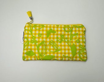 Green Flowers on Yellow Gingham Quilted Zipper Pouch