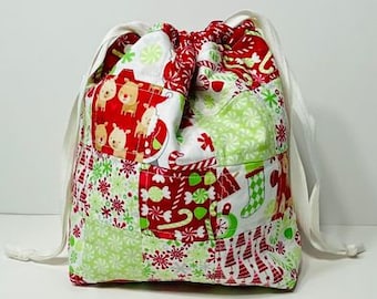 Red + Green Holiday Drawstring Bag + Project Bag + Gift Bag