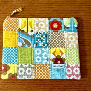 Brown, Aqua, Yellow + Green Patchwork Quilted Zipper Pouch: Makeup, Glasses, Phone, Keys, Pens and Pencil Pouch