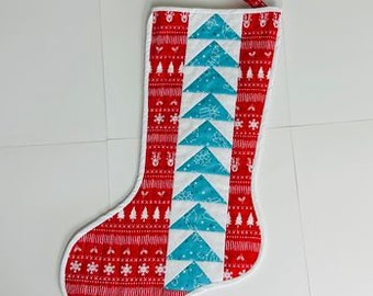 Quilted Flying Geese Christmas Stocking Aqua Red & White Reindeer, Trees, and Snowflakes