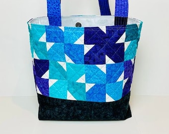 Blue Pinwheels Patchwork Quilted Tote Bag with 2 Pockets