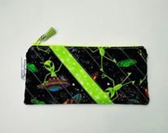 Aliens and UFO Spaceships Quilted Zipper Pouch