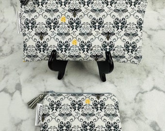 Yellow and Grey Bees with Grey Scrollwork Zipper Pouch or Coin Pouch