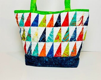 Batik Elongated Triangles Patchwork Quilted Tote Bag with 2 Pockets